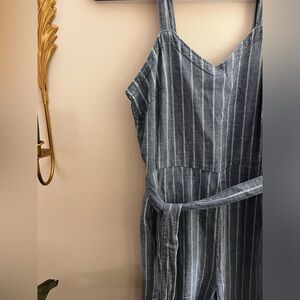 Blue striped jumpsuit with tie